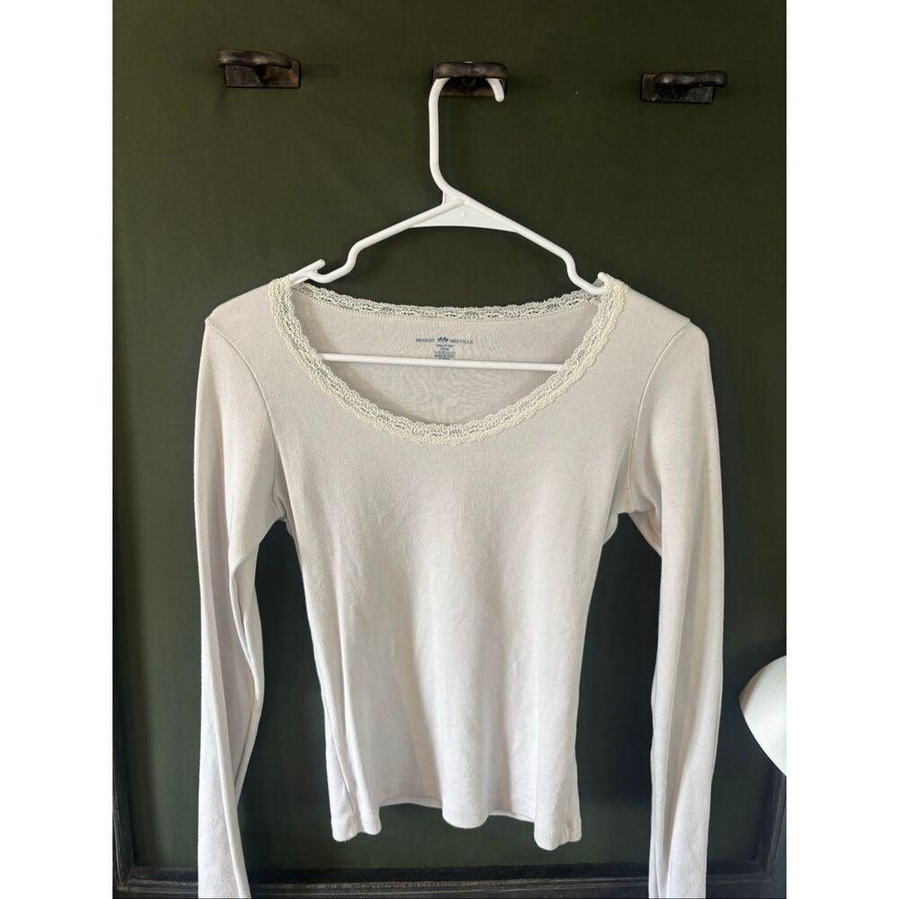 Brandy Melville white scoop neck lace trim long sleeve shirt One size